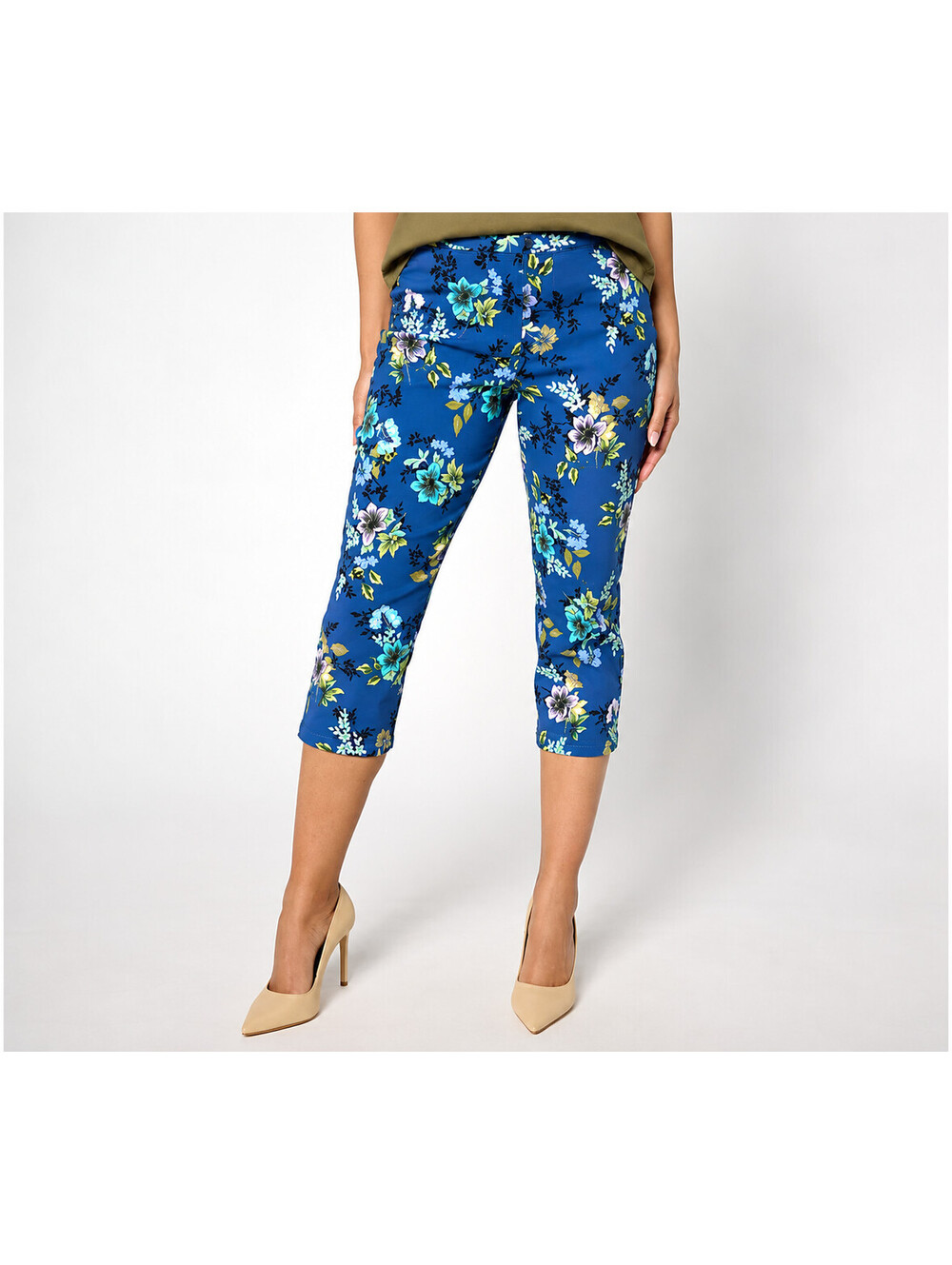 Susan Graver Printed Uptown Stretch Slim Leg Capri Pants Royal/Turquoise, Reg 2